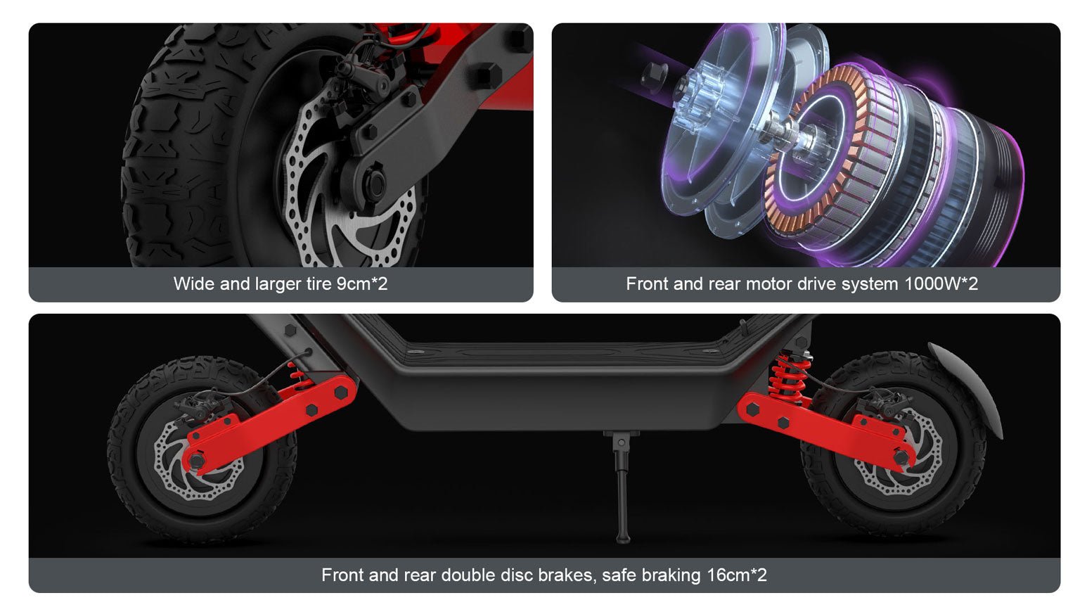 Nanrobot X10 feature collage of wide tires, dual 1000W motors and 16cm double disc brakes