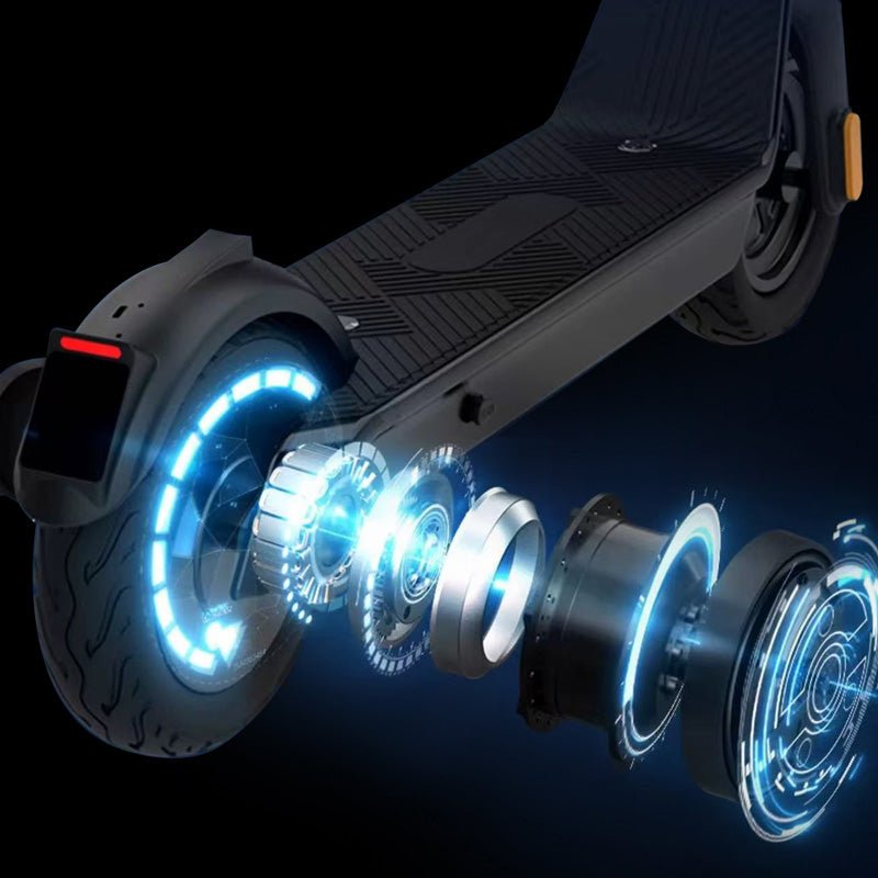 Exploded view of the Nanrobot X9 Pro Max rear hub motor glowing blue
