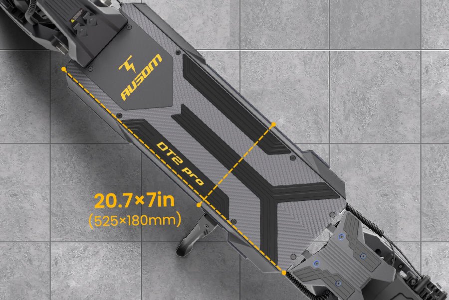 Top view of the Ausom DT2 Pro electric scooter deck measured at 20.7 by 7 inches