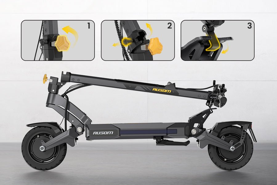 Ausom DT2 Pro electric scooter folded flat, with insets showing the three folding latch points