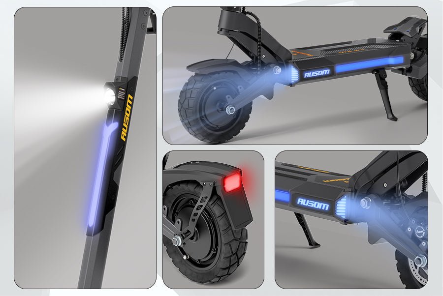 Headlight, stem lighting, taillight and side lights of the Ausom DT2 Pro electric scooter shown in four panels