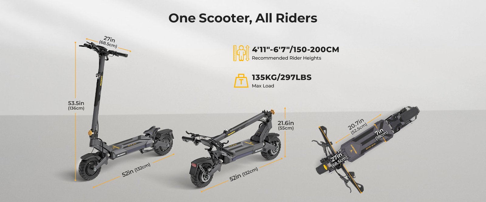 Ausom size chart for the DT2 Pro electric scooter showing rider heights 4 foot 11 to 6 foot 7, load capacity and folded dimensions