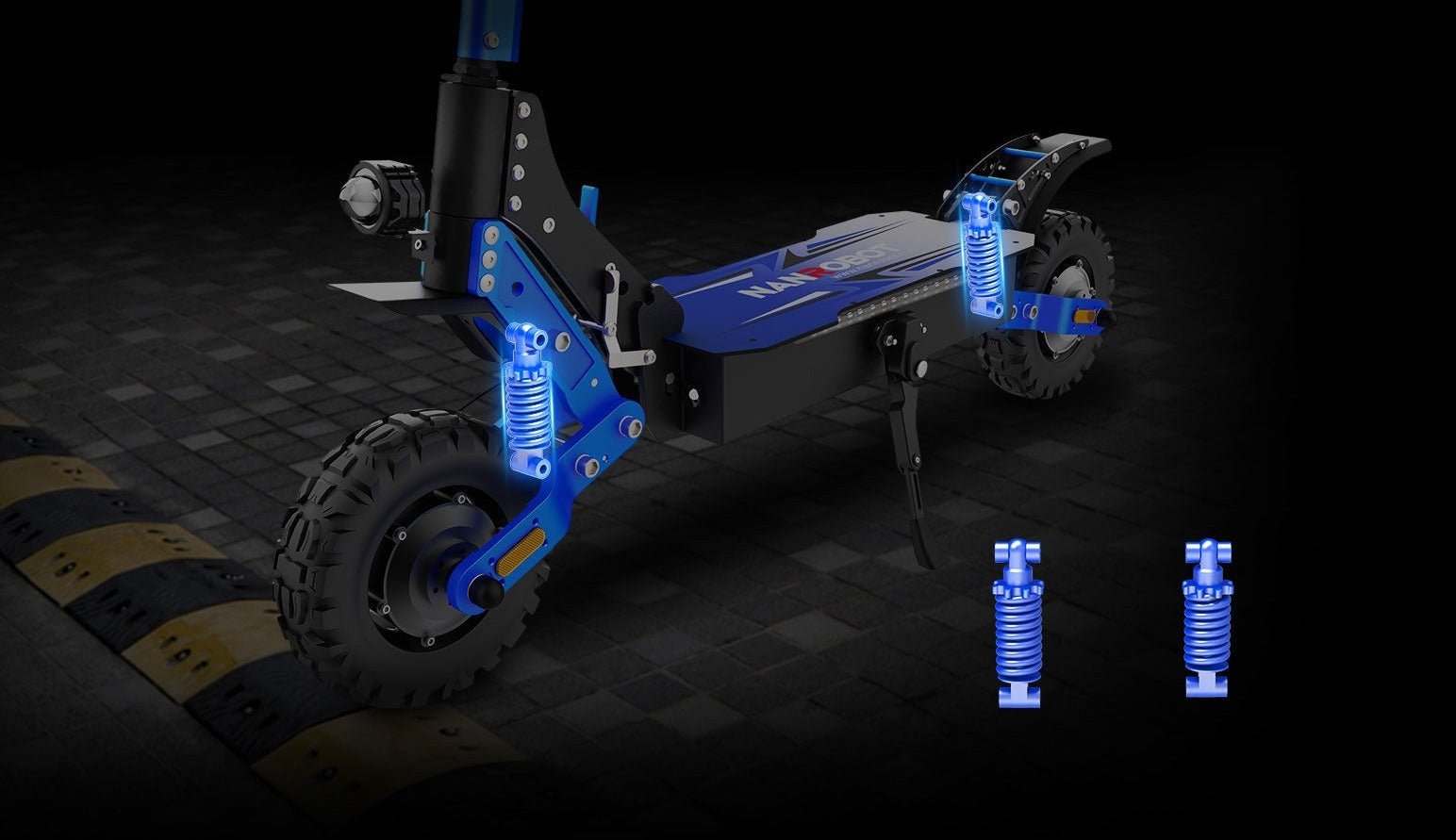 Nanrobot D4+MAX front and rear spring shock absorbers highlighted in blue