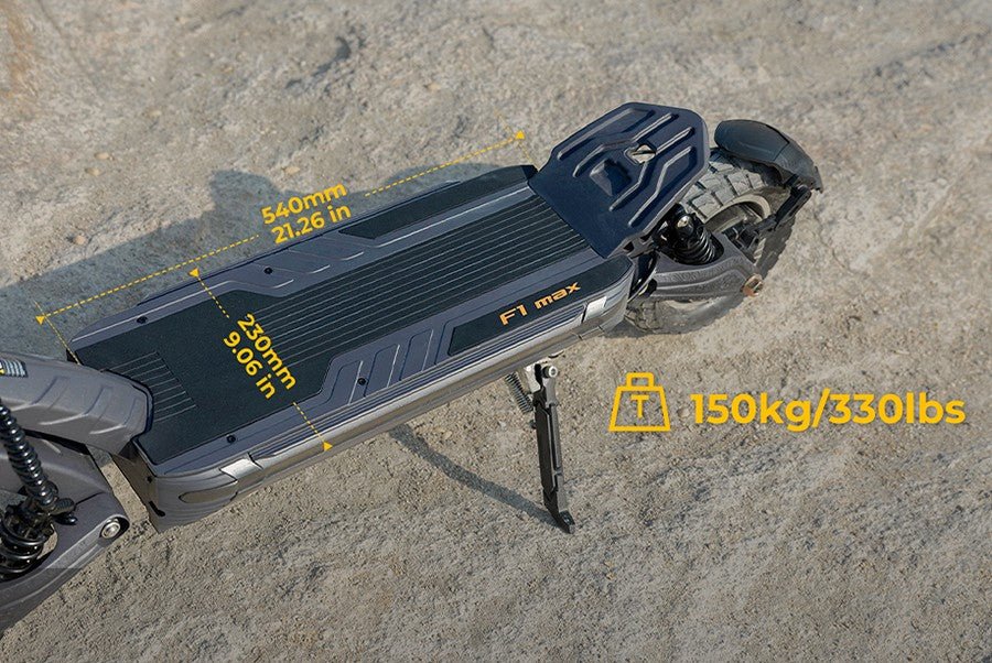 Measured top view of the Ausom F1 Max electric scooter deck at 21.26 by 9.06 inches with its 330 pound load rating