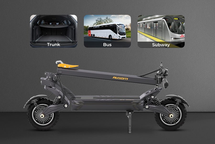 Ausom F1 Max electric scooter folded flat beneath panels showing a car trunk, a bus and a subway