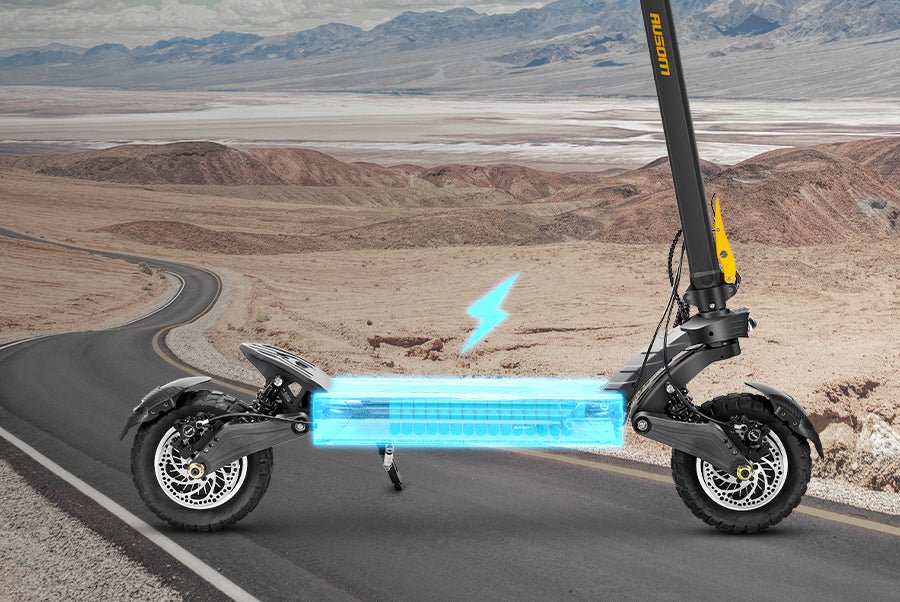 Ausom F1 Max electric scooter on a desert highway with its battery pack illustrated glowing through the deck