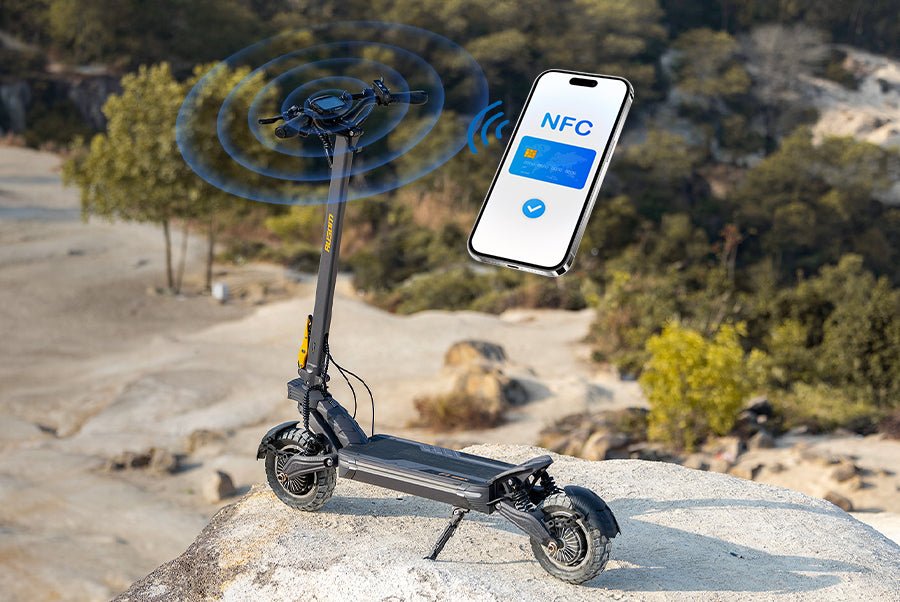 Ausom F1 Max electric scooter parked on a mountain overlook with NFC phone unlock illustrated