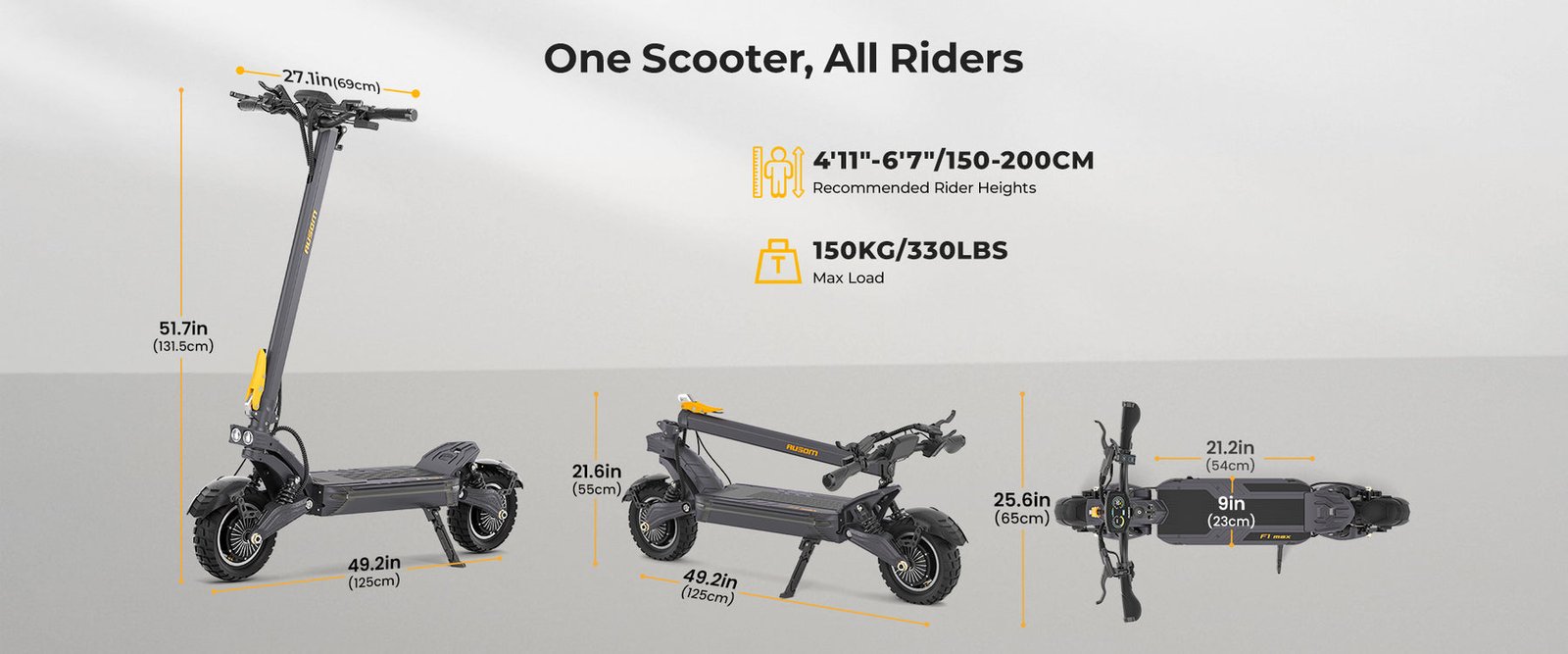 Ausom size chart for the F1 Max electric scooter showing rider heights 4 foot 11 to 6 foot 7, the 330 pound load rating and folded dimensions