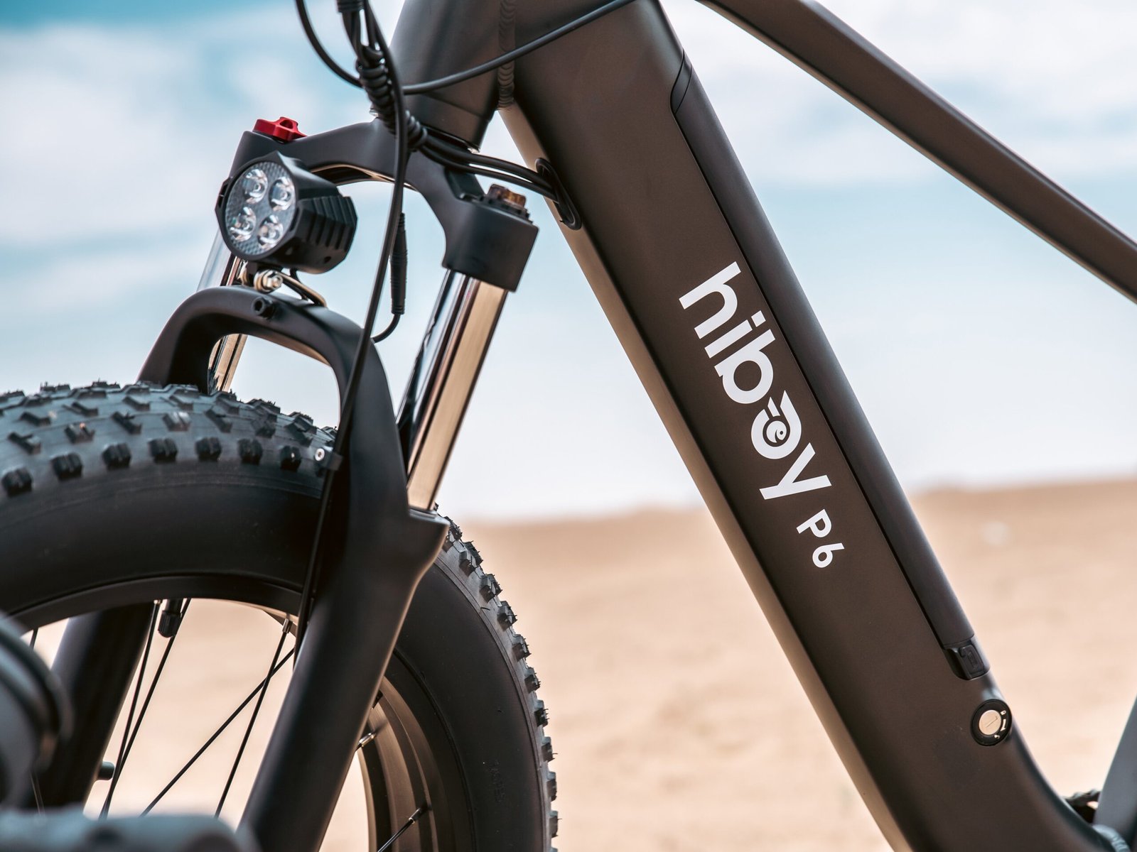 Close view of the front suspension fork on the Hiboy P6 fat tire electric bike