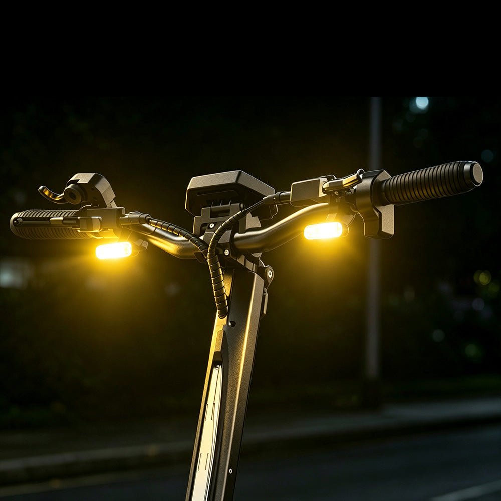 New front turn signals glowing on the Nanrobot N6 handlebars at night