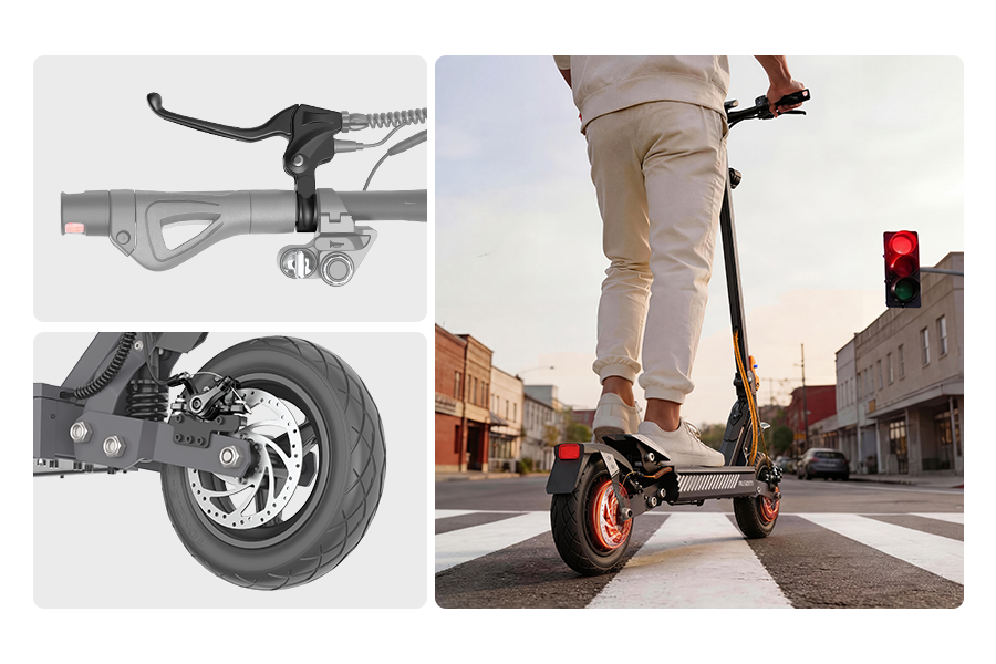 Brake lever and rear disc brake close-ups beside a rider stopping the Ausom Gosoul 2 electric scooter at a red light