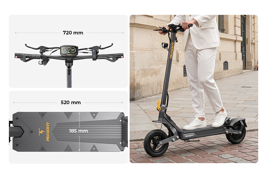 Measured views of the Ausom Gosoul 2 electric scooter's 720 millimeter handlebar and 520 by 185 millimeter deck