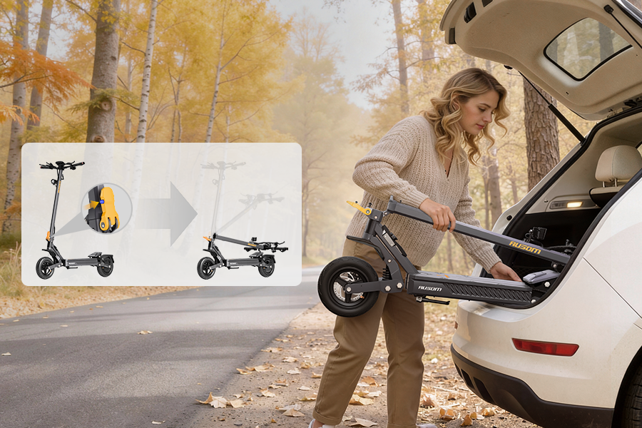 Rider loading the folded Ausom Gosoul 2 electric scooter into a car trunk, with an inset showing the folding motion