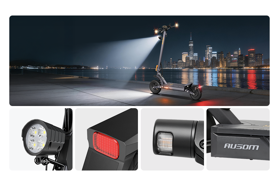 Ausom Gosoul 2 electric scooter headlight beam at night with close-ups of the headlight, taillight and turn signals