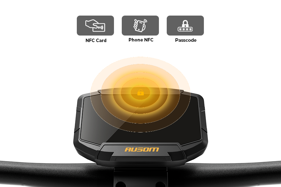 Ausom Gosoul 2 electric scooter display with NFC card, phone NFC and passcode unlock icons
