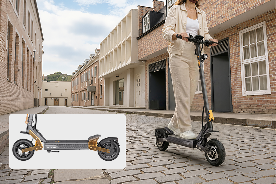 Rider on the Ausom Gosoul 2 electric scooter on a cobbled street, with an inset side view of its dual swingarm suspension