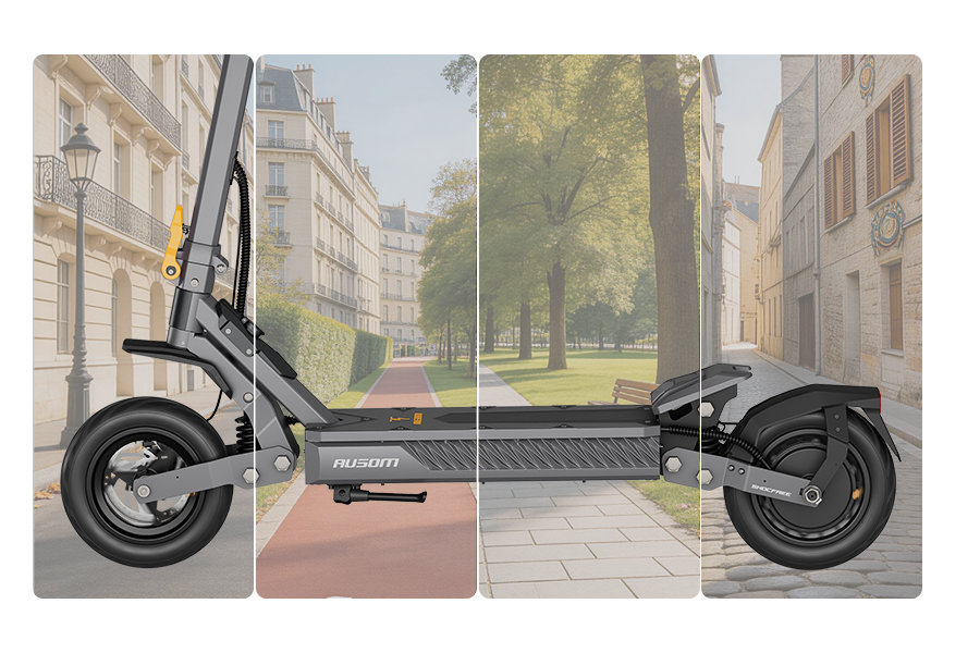 Side profile of the Ausom Gosoul 2 electric scooter showing both 10 by 2.5 inch tubeless tires