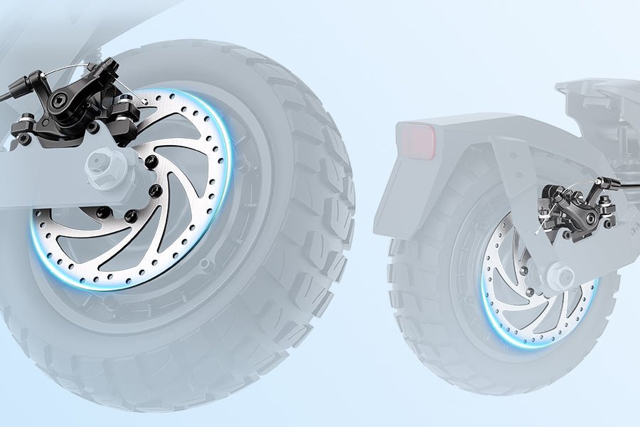 Front and rear disc brakes of the Ausom Gosoul 2 Pro dual motor e-scooter shown in detail