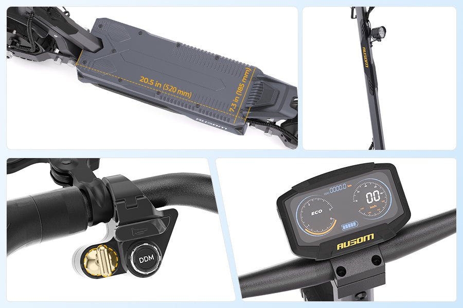 Ausom Gosoul 2 Pro dual motor e-scooter deck measuring 20.5 by 7.3 inches, DDM drive switch and LCD display close-ups