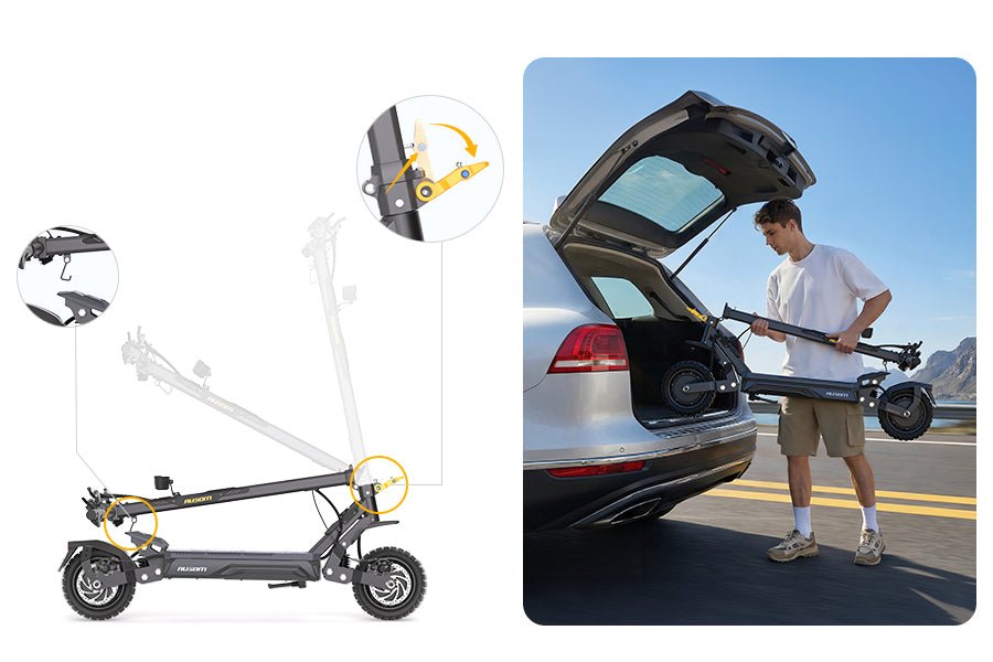 Rider loading the folded Ausom Gosoul 2 Pro dual motor e-scooter into a car trunk beside a diagram of the folding motion