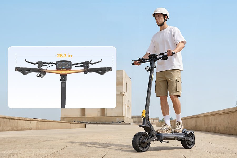 Measured view of the Ausom Gosoul 2 Pro dual motor e-scooter's 28.3 inch handlebar beside a standing rider