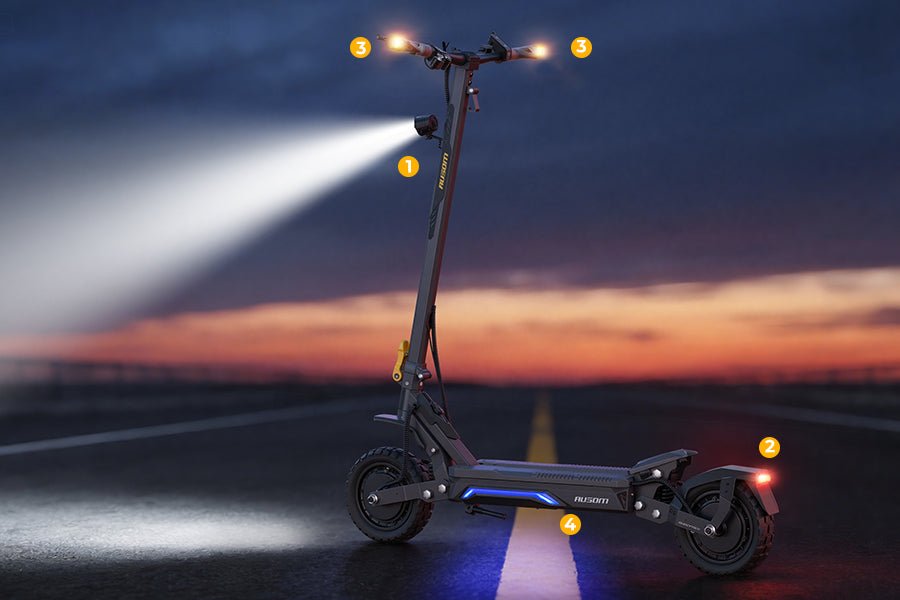 Ausom Gosoul 2 Pro dual motor e-scooter at dusk with headlight beam, taillight, turn signals and deck lighting glowing