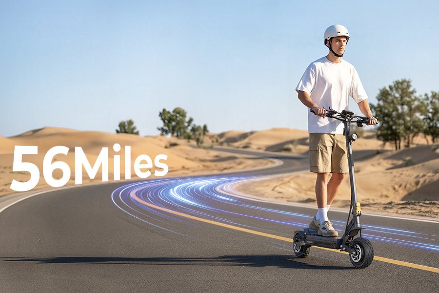 Rider on the Ausom Gosoul 2 Pro dual motor e-scooter on a desert road with Ausom's 56 miles range artwork
