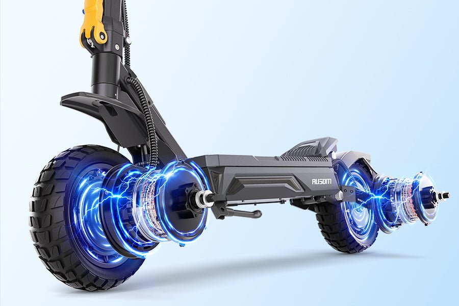 Rear view of the Ausom Gosoul 2 Pro dual motor e-scooter with both hub motors illustrated driving the wheels