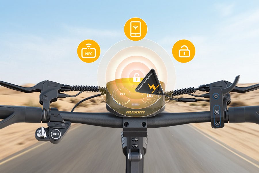 Ausom Gosoul 2 Pro dual motor e-scooter display between the handlebars showing NFC, phone and passcode unlock options