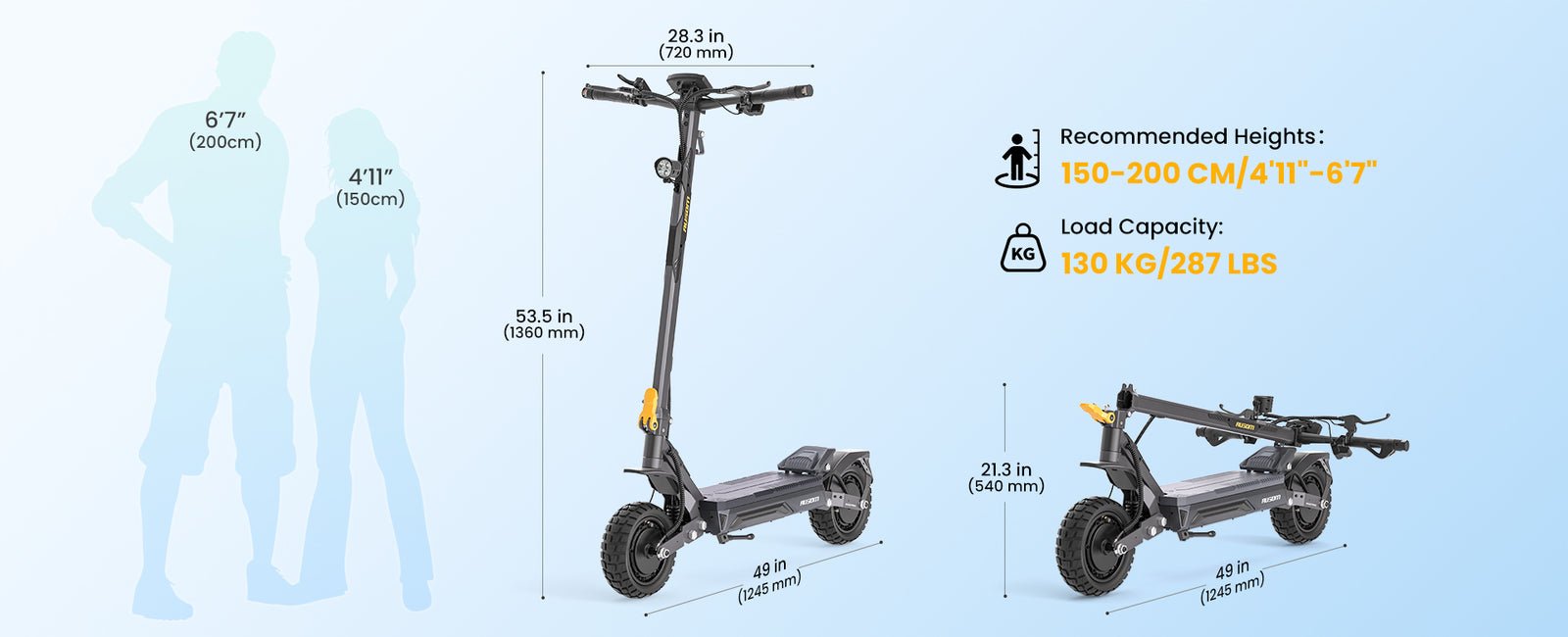 Ausom size chart for the Gosoul 2 Pro dual motor e-scooter showing rider heights of 4 foot 11 to 6 foot 7, folded and unfolded dimensions