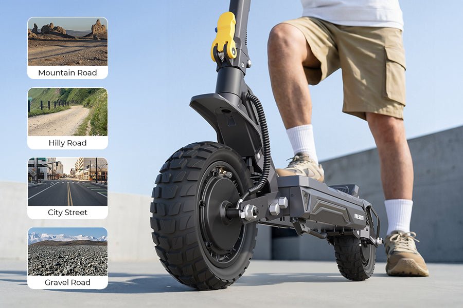 Ausom Gosoul 2 Pro dual motor e-scooter front wheel with Ausom's strip of mountain, hilly, city and gravel roads