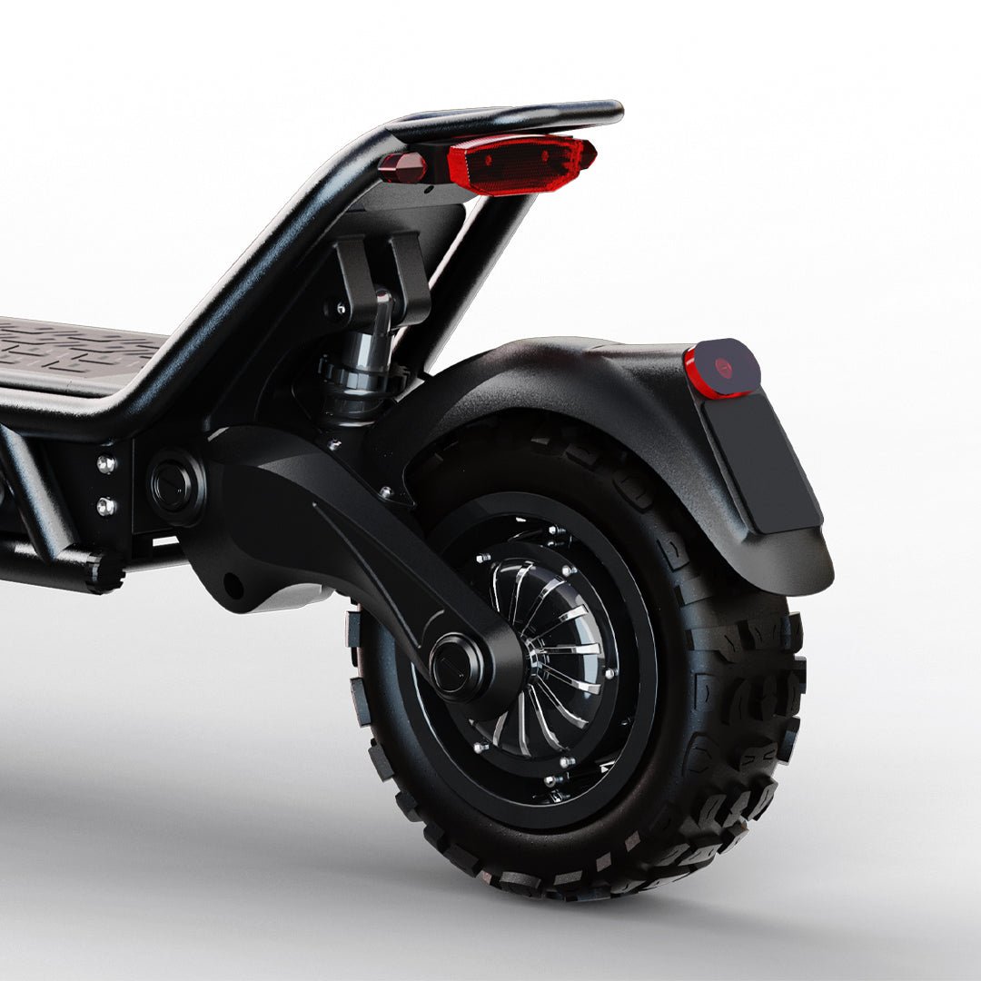 Rear hub motor, swingarm and taillight of the Joyor E6-S electric scooter in close-up