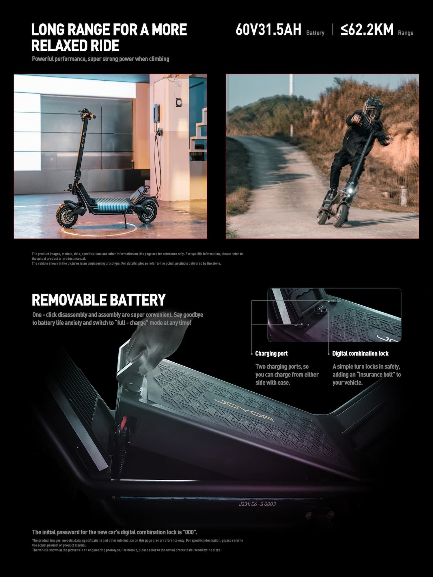 Joyor's official E6-S presentation: removable battery with charging port and indicator
