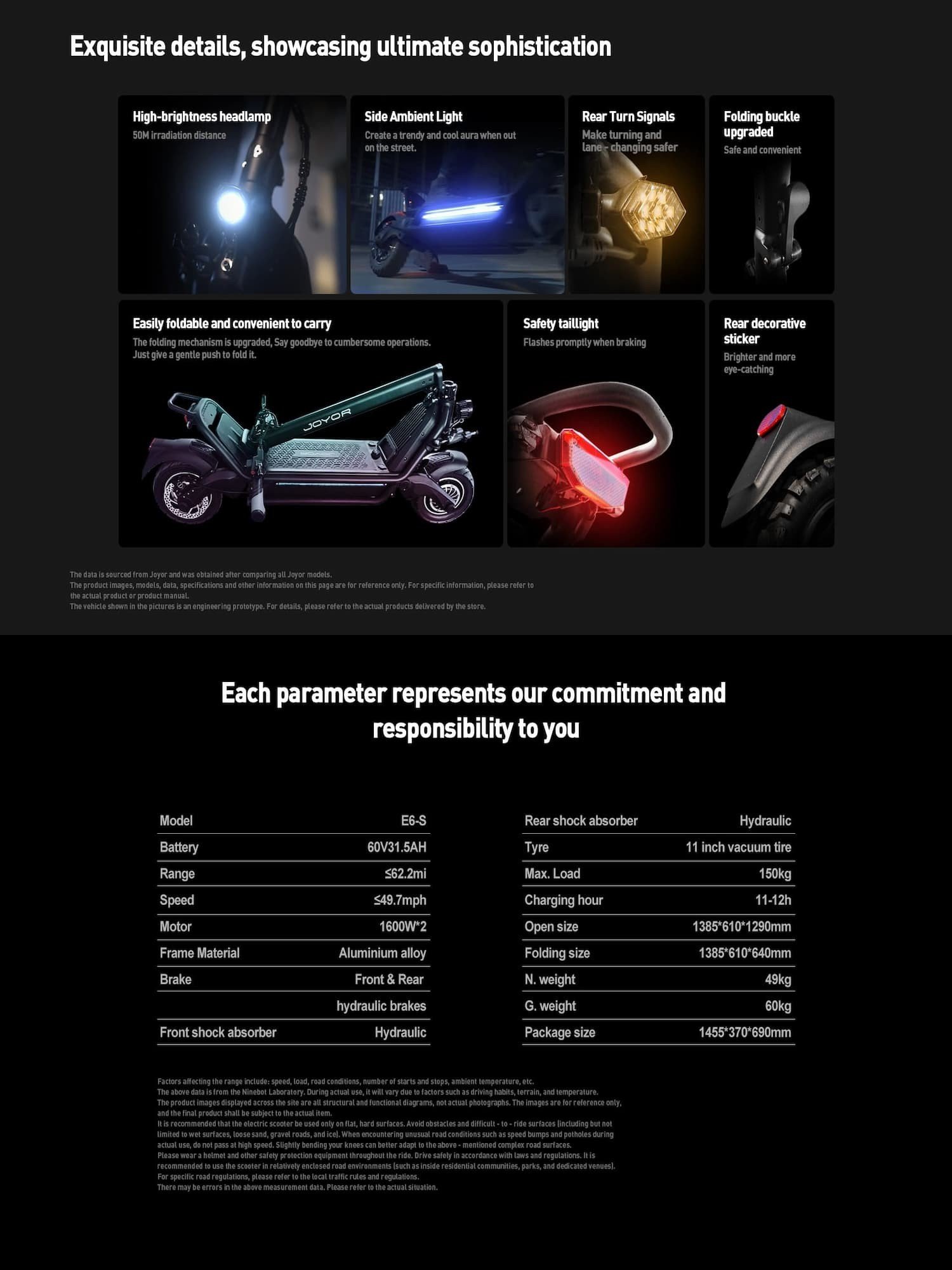 Joyor's official E6-S presentation: lighting details, folding design and specification table
