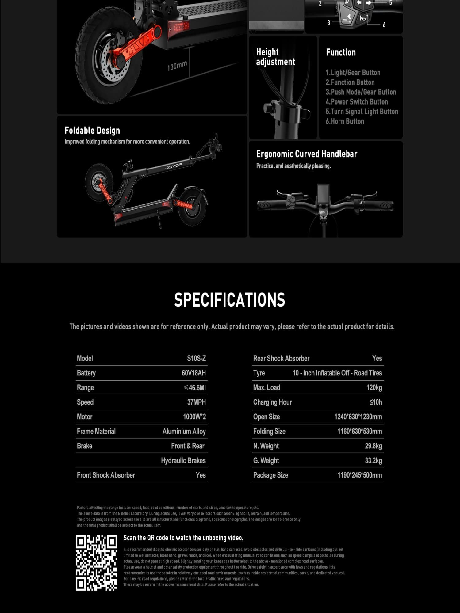 Joyor's official S10S-Z presentation: ground clearance, footboard, folding design and specification table