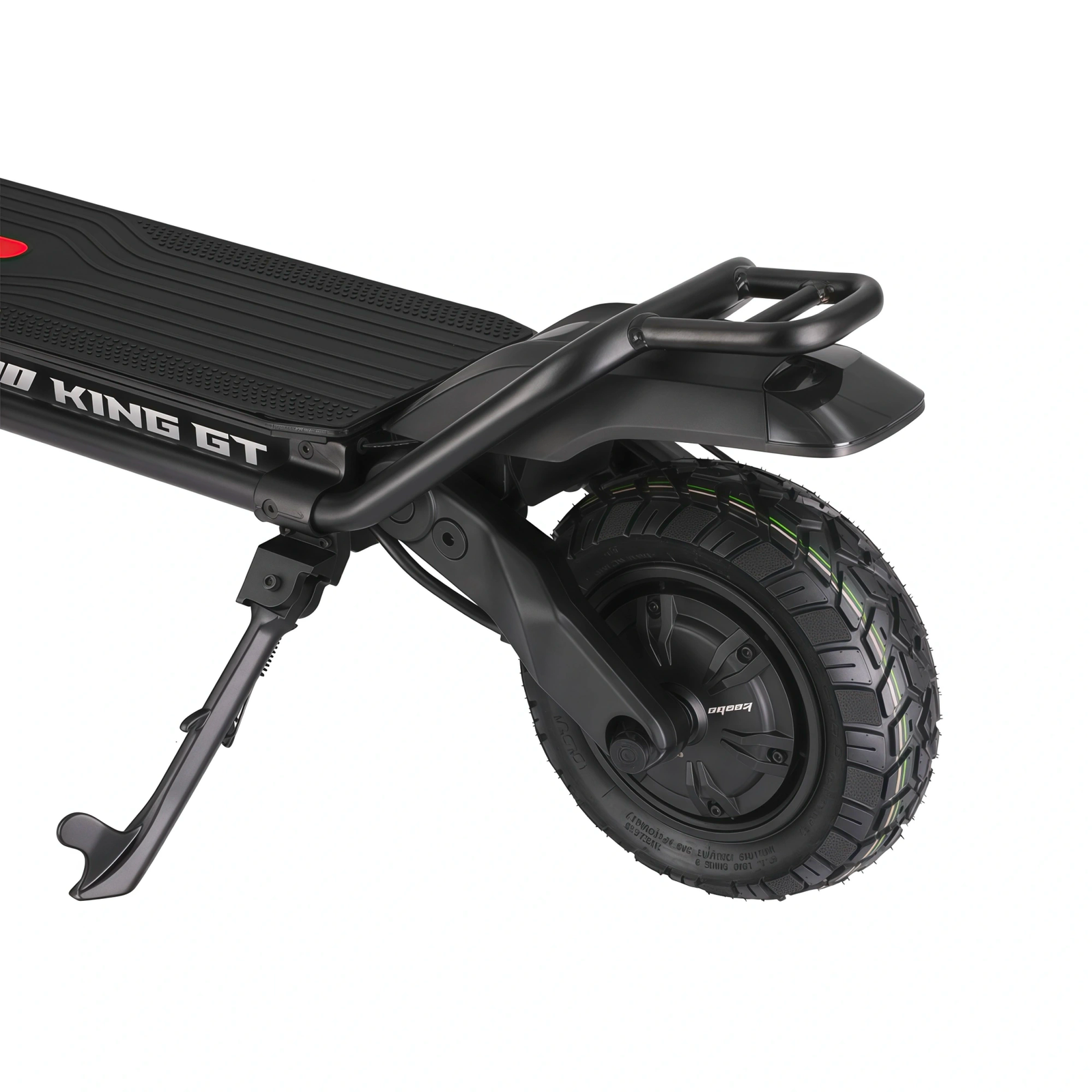 Rear wheel, hub motor and suspension linkage of the Kaabo King GT Pro in close-up