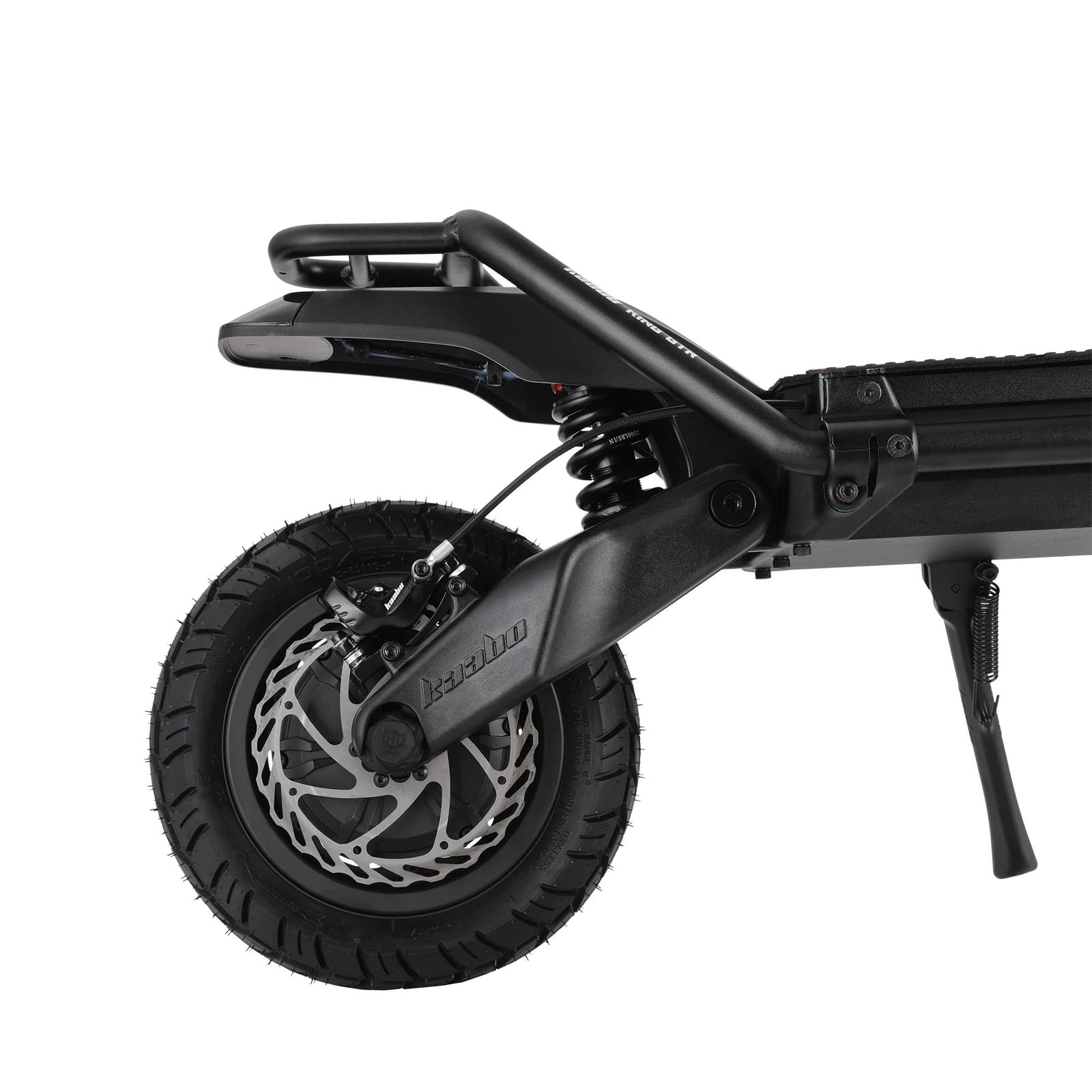 Rear suspension, swingarm and hydraulic disc brake of the Kaabo King GTR Max in close-up
