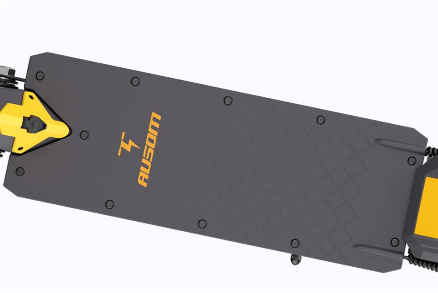 Textured anti-slip deck of the Ausom L1 electric scooter viewed from above