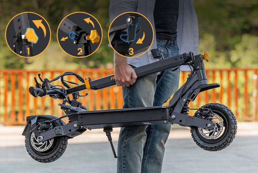 Rider carrying the folded Ausom L1 electric scooter, with insets of its three folding latch points
