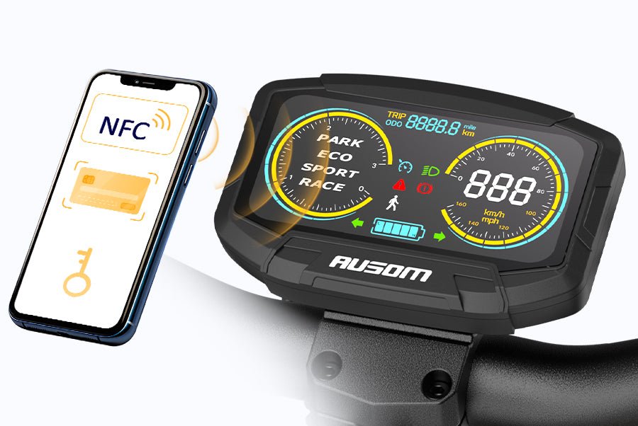 Ausom L1 electric scooter display showing Park, Eco, Sport and Race modes beside an NFC phone unlock