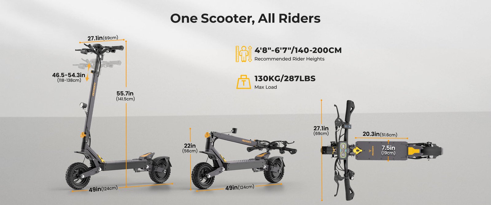 Ausom size chart for the L1 electric scooter showing rider heights 4 foot 8 to 6 foot 7, the adjustable stem range and folded dimensions