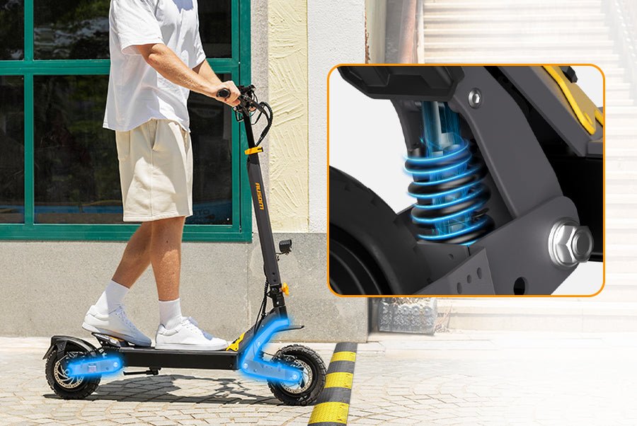 Rider rolling the Ausom L1 electric scooter off a curb, with an inset of its blue coil swingarm suspension