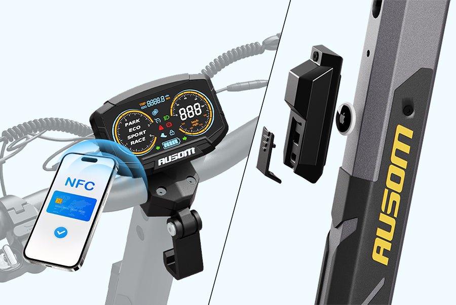 Ausom L2 Max dual motor e-scooter display with NFC phone unlock beside the charging port cover
