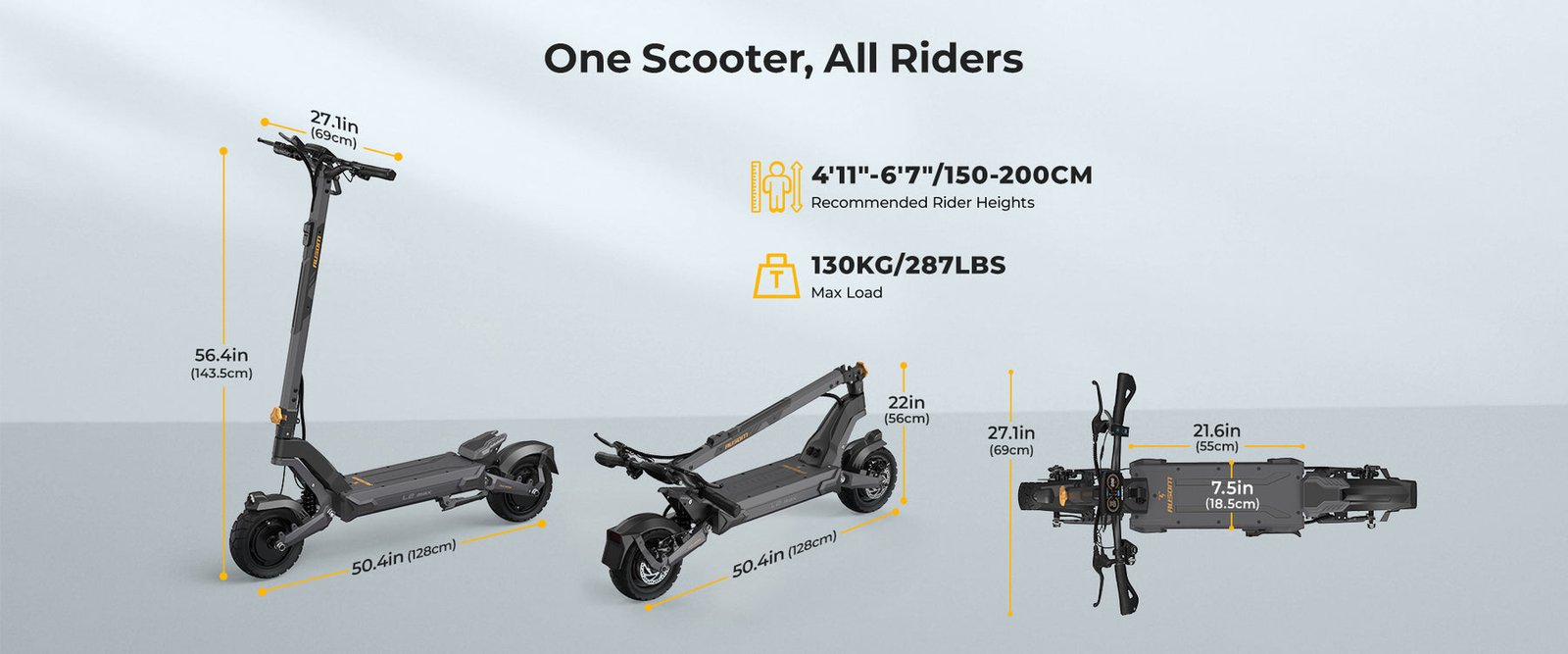 Ausom size chart for the L2 Max dual motor e-scooter showing rider heights 4 foot 11 to 6 foot 7, load capacity and folded dimensions