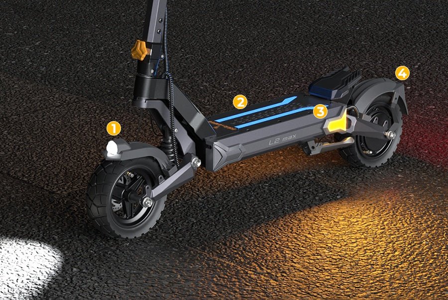 Ausom L2 Max electric scooter at night with headlight, ambient deck lighting, turn signal and taillight glowing