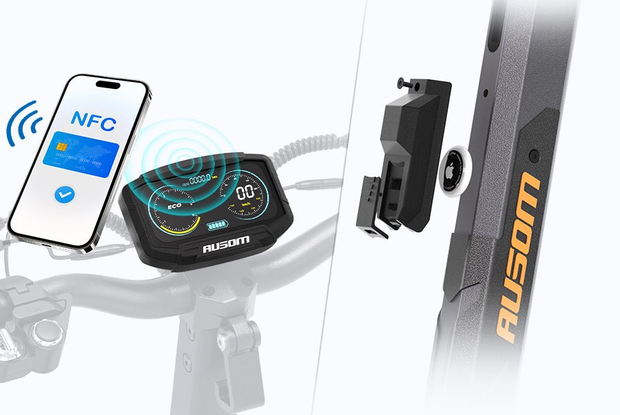 Ausom L2 Max electric scooter display unlocking by NFC phone beside the hidden AirTag mount