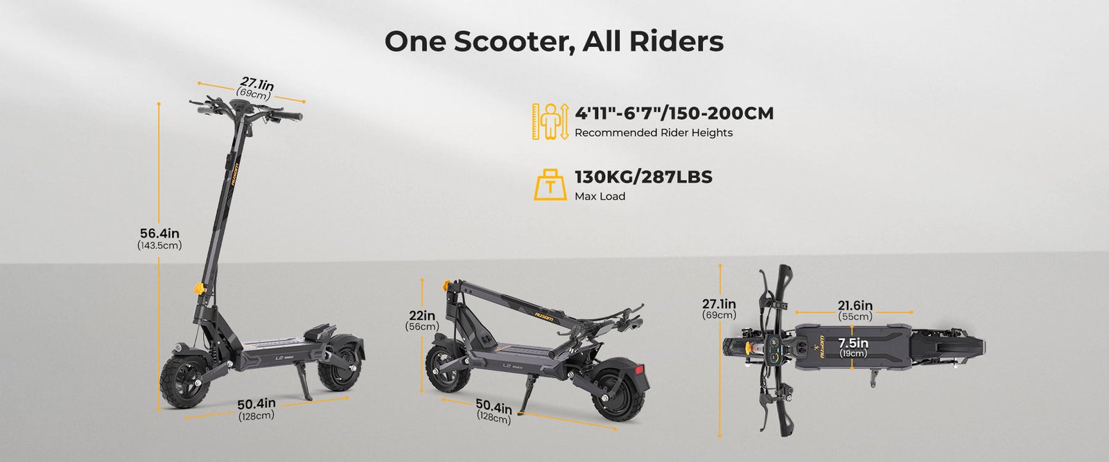 Ausom size chart for the L2 Max electric scooter showing rider heights 4 foot 11 to 6 foot 7, load capacity and folded dimensions
