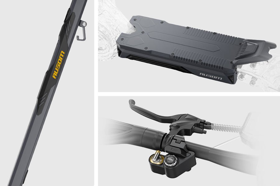 Ausom K20 Pro dual motor e-scooter frame, wide deck underside and brake lever shown as component close-ups