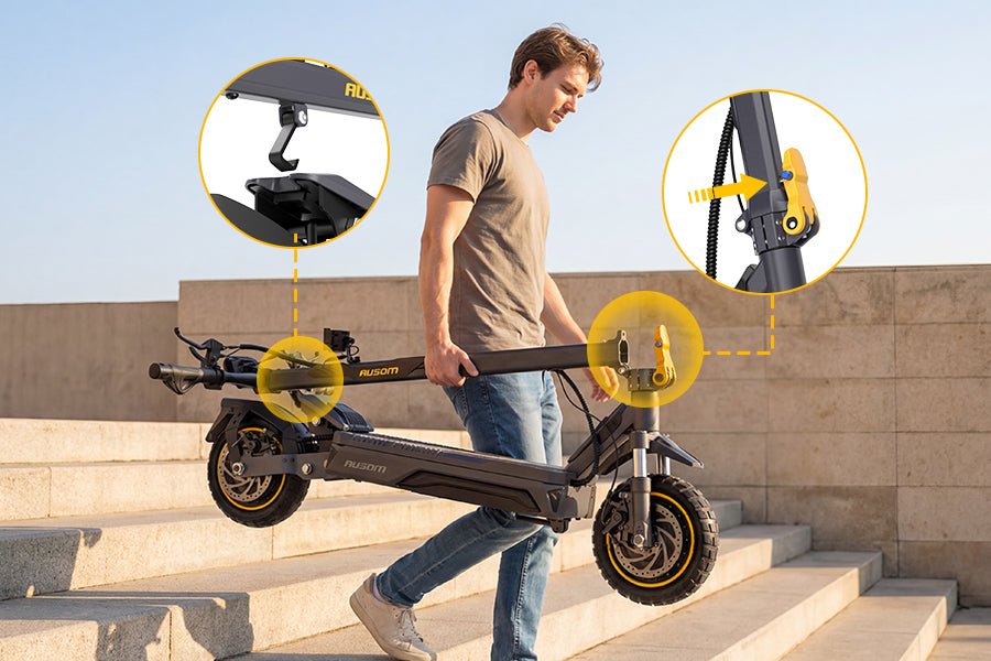 Rider carrying the folded Ausom K20 Pro dual motor e-scooter up outdoor steps, with insets of the folding latch