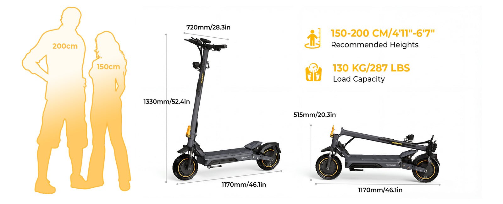 Ausom size chart for the K20 Pro dual motor e-scooter showing recommended rider heights of 4 foot 11 to 6 foot 7 and its folded and unfolded dimensions
